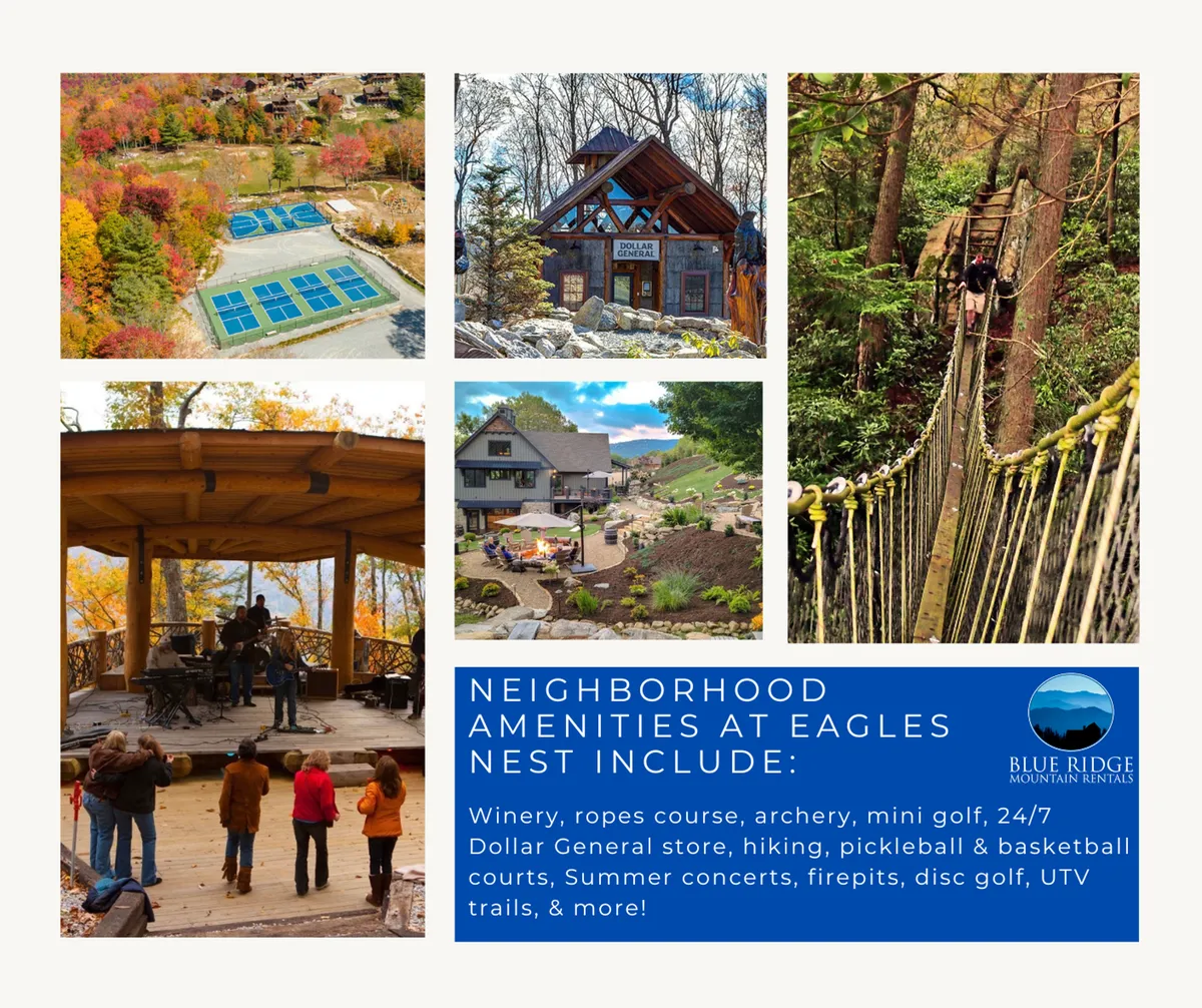 This exterior image captures the heart of the Eagles Nest community amenities: visible are tennis courts, the clubhouse, an outdoor concert stage, a ropes course, hiking trails, and lively community gathering areas. Groups can be seen participating in various activities, creating an energetic, resort-style setting.